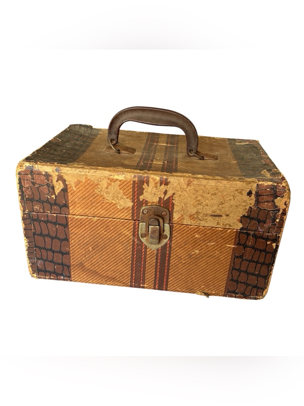 Train Case Brown Striped with Handle Vintage Retro Decor Shabby Chic Cottagecore